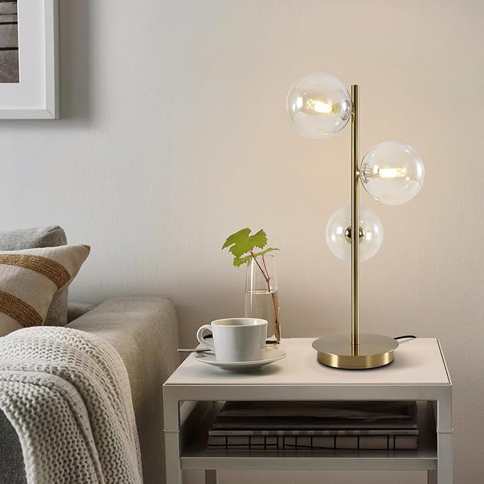 Gold Globe Bedside Lamp, 3 Lights Mid Century Modern Table Lamp, Contemporary Cognac Glass Globe Readin Lamp for Bedroom Living Room Study Room