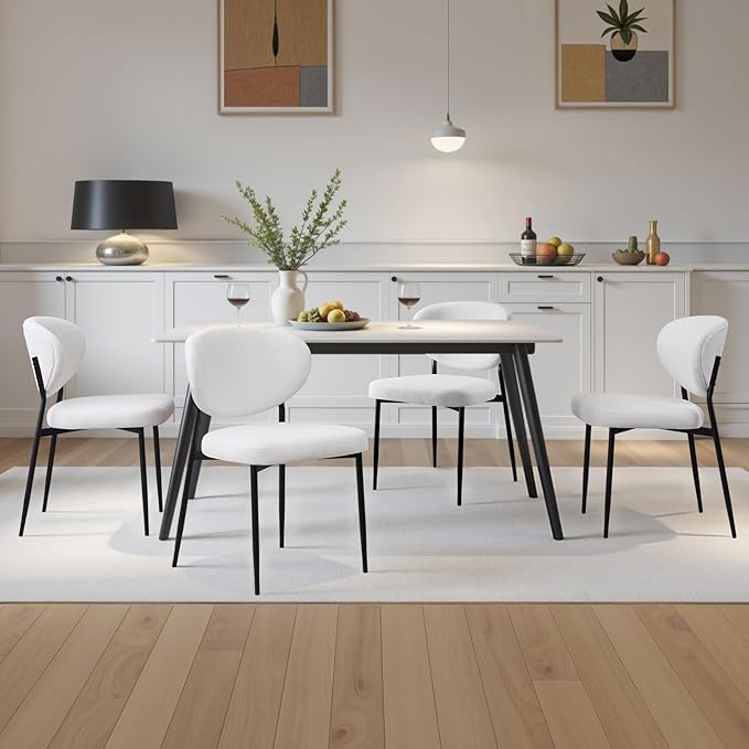Upholstered Dining Room Chairs Set of 6 Modern Chenille Diner Chairs with 58D Memory Foam Thick Cushion Comfy Armless Kitchen Chair with Sturdy Metal Legs for Dining Table/Vanity White