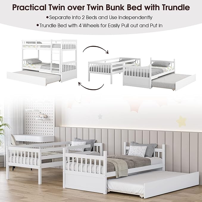KOMFOTT Wood Twin Over Twin Bunk Bed with Trundle, Solid Pine Wood Bunk Bed Frame with Ladder & Safety Guardrails, Space-Saving Convertible Twin Bed Frame for Home & Dormitory, No Box Spring Needed