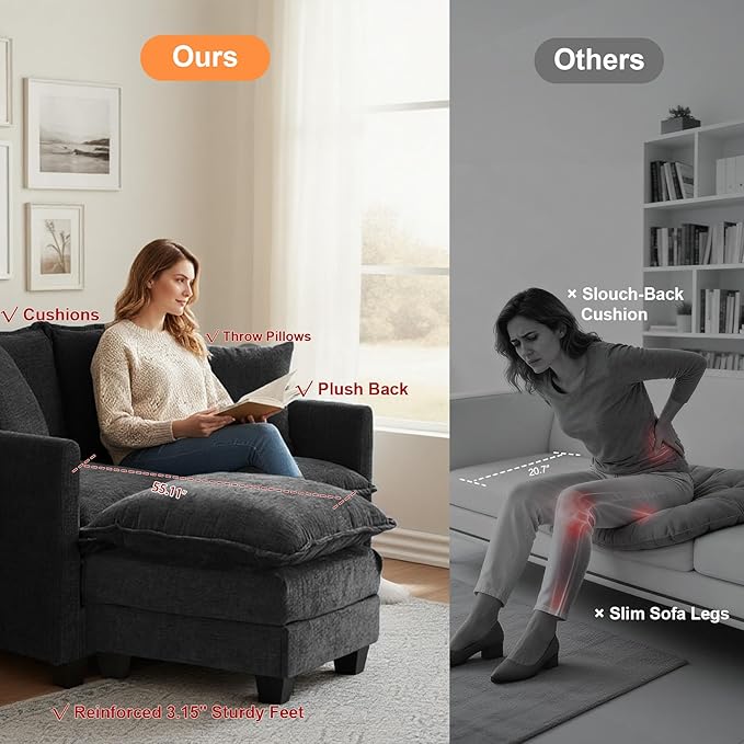 Loveseat Sofa with Ottoman, 50'' Modern L-Shape Cloud Couch Sofa Loveseat with 22'' Ottoman for Small Space/Apartment/Office/Living Room 8834-BLACK-L