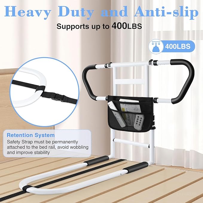 easymake Bed Rails for Elderly Adults Safety: Adjustable Bedside Assist Rails with Storage Pockets, Non-Slip Handles, Items for Elderly Bed Rail, 400LB Gravity Capacity