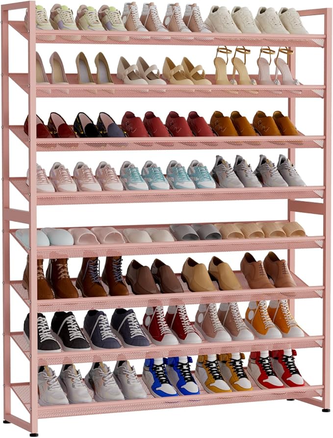 Large Shoe Rack 8 Tier Shoe Organizer, Heavy Duty Metal 4-Tier Stackable Shoe Storage Vertical Shoe Rack for Closet Front Door Entrance, Up to 50 Pairs, 44.8" W x 11.4" D x 56.7" H, Pink