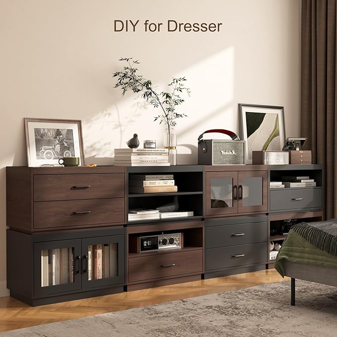 Stackable Storage 2-Shelf, 28" Wide Storage Bins with Open Compartment for Closet Organizers, Wood Stackable Closet Organizer Modern Large Stackable Storage Units for Living Room Hallway, Black
