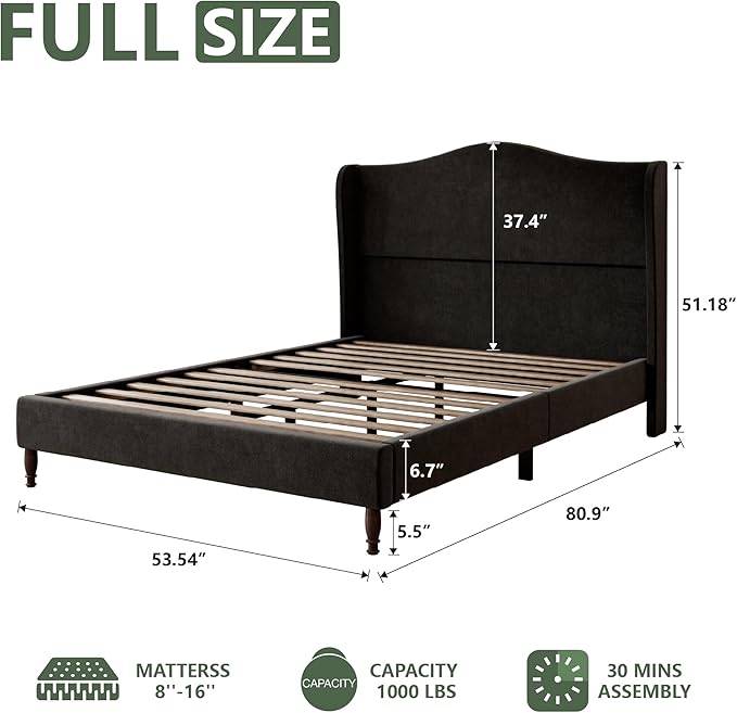 Full Size Upholstered Platform Bed Frame, 51" Tall Chenille Fabric Headboard with Classic Curved Wingback Design, Vintage Solid Wood Legs, No Box Spring Needed, Easy Assembly & Noise-Free, Black