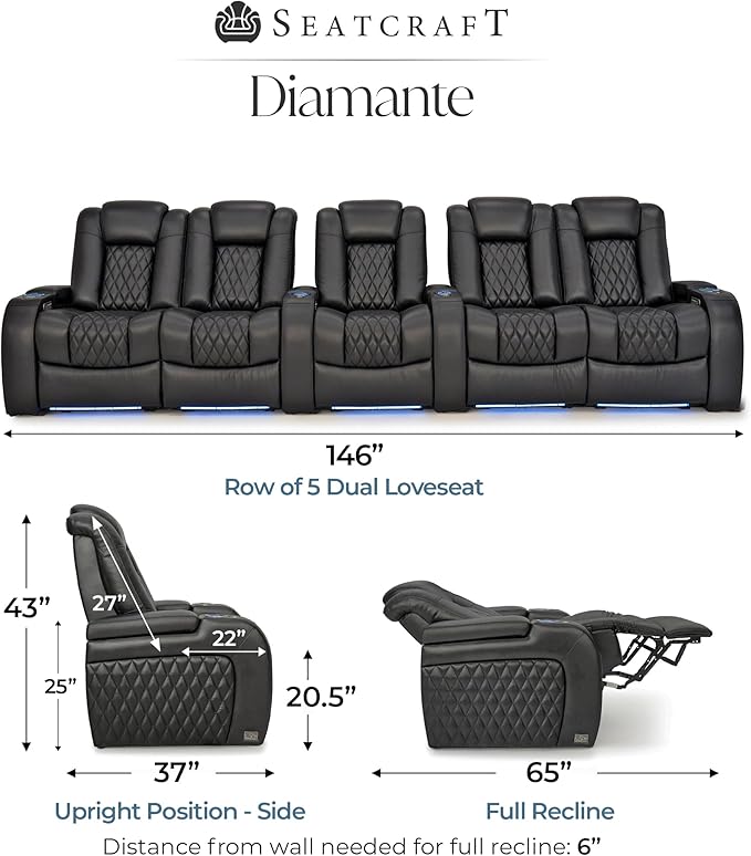 Seatcraft Diamante Zero-Gravity CoolZero Italian Leather Home Theater Seating, Power Headrest, Power Recline, Row of 5 Dual Loveseats, Black
