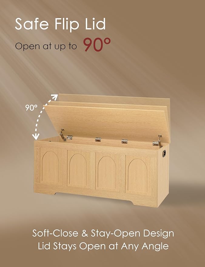 DINZI LVJ Storage Chest, 47.2" Rattan-Like Toy Box with 2 Safety Hinges, Wooden Entryway Storage Bench with Flip-Top, Large Trunk for Living Room, Bedroom, Easy Assembly, Natural
