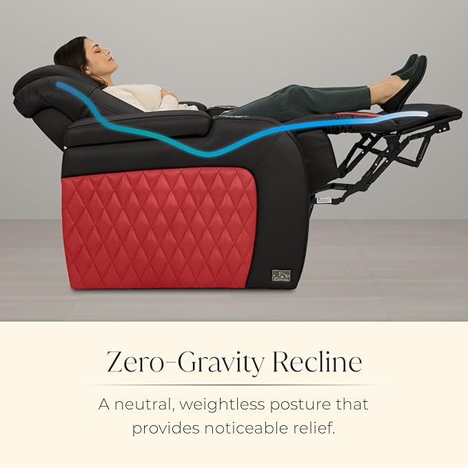 Seatcraft Diamante Zero-Gravity CoolZero Italian Leather Home Theater Seating, Power Headrest, Power Recline, Row of 5, Black/Red
