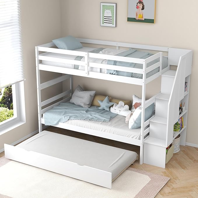 KOTEK Twin Over Twin Bunk Bed with Trundle and Stairs, Solid Wood Bunk Bed Frame with Storage Shelf, Bunk Beds Detachable into 2 Platform Beds for Kids Teens Adults (White)
