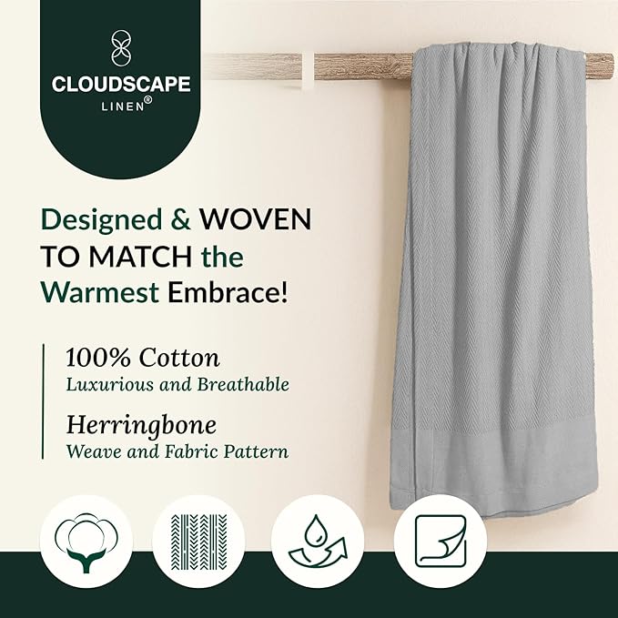 Cloud Scape Linen 100% Cotton Blanket Twin 68x92 Charcoal Grey - Cozy Herringbone Weave, Fits Up to Twin XL Size Beds, Breathable Softness, All-Season Warmth, Winter Blanket, Bedding Gift Choice