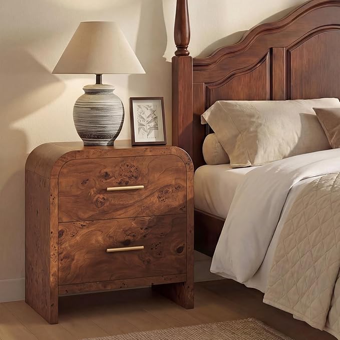 Night Stand [Unique Curved Profile] [FSC-Certified Wooden Board] 2-Drawer Nightstand 24" H Metal Handle Modern Sturdy Bedside Table Side Table End Table