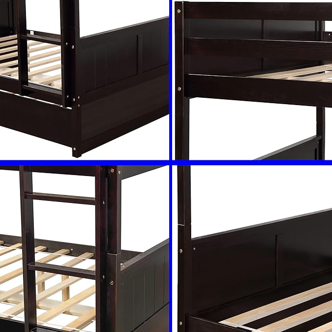 STERXONE Best Thicken Solid Wood Full Over Bunk Bed with Trundle, Luxurious Frame Size Safety Guard Rail and Ladder, Convertible to 2 Beds for Adults, Teens, Kids (Espresso)