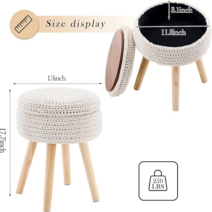 LGENHOOM Round Foot Stool Ottoman with Storage Footrest with Wood Legs Cotton Knitted Vanity Stool Tray Top Coffee Table Multifunctional Upholstered Footstool for Living Room Bedroom White
