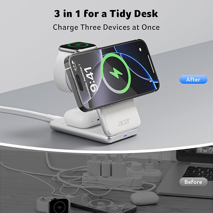 Acer 3 in 1 Charging Station for iPhone, Wireless Charger Stand,15W Fast MagSafe Charger for iPhone 17 16 15 14 13 12 Series-Apple Watch 10 9 8 7 6 5 4 3 2 SE and Ultra Series-Airpods 4 3 2 Pro Series