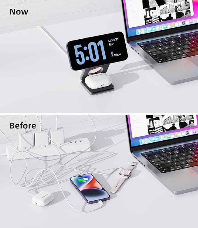 Foldable Magnetic Wireless Charger, KU XIU X40 Aluminum Alloy 3 in 1 Charging Station for Apple, Fast Magnetic Charger Stand for iPhone 17 16 15 14 13 12 Series, 5W for iWatch, AirPods 3/2/Pro, Gray