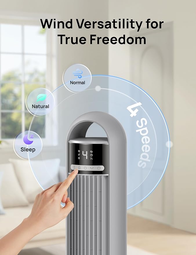 Dreo Tower Fan for Bedroom, 4 Speeds, 3 Modes Standing Fans for Room with 90° wide Oscillating, 28dB Quiet for Sleep, 25ft/s Velocity, 29ft Coverage, 8H Timer, Remote, Living Room, Office, Home, Grey
