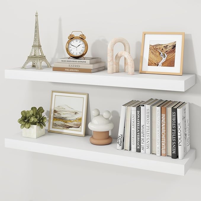 Floating Shelves for Wall, 9.3" Deep Wall Mounted Wood Shelves for Bathroom, Bedroom, Living Room, Kitchen, Hanging Shelf for Books/Storage/Room Decor (White, 36")