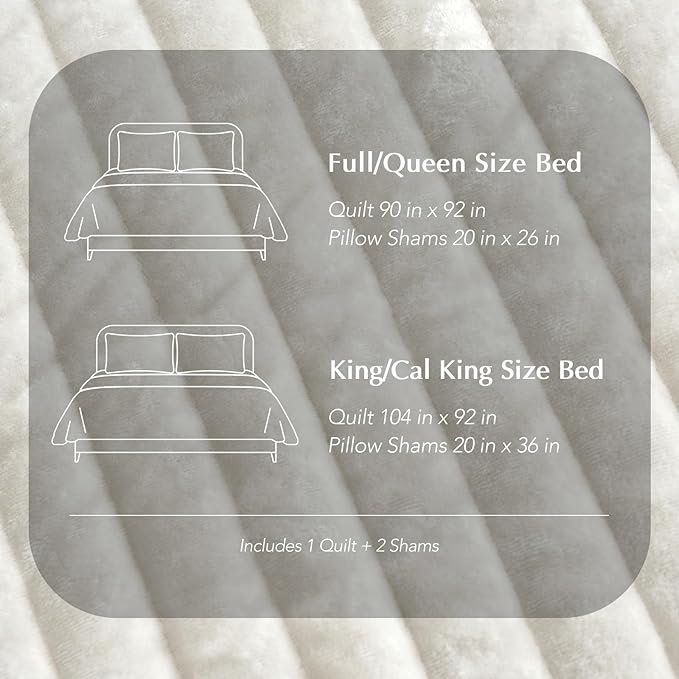 EVERGRACE Velvet Quilt Set Queen Size, Luxurious Soft Striped Channel Bedding Set, Lightweight Velvet Comforter for All Season, Oversized Bedspread Coverlet with 2 Matching Shams, Ivory White