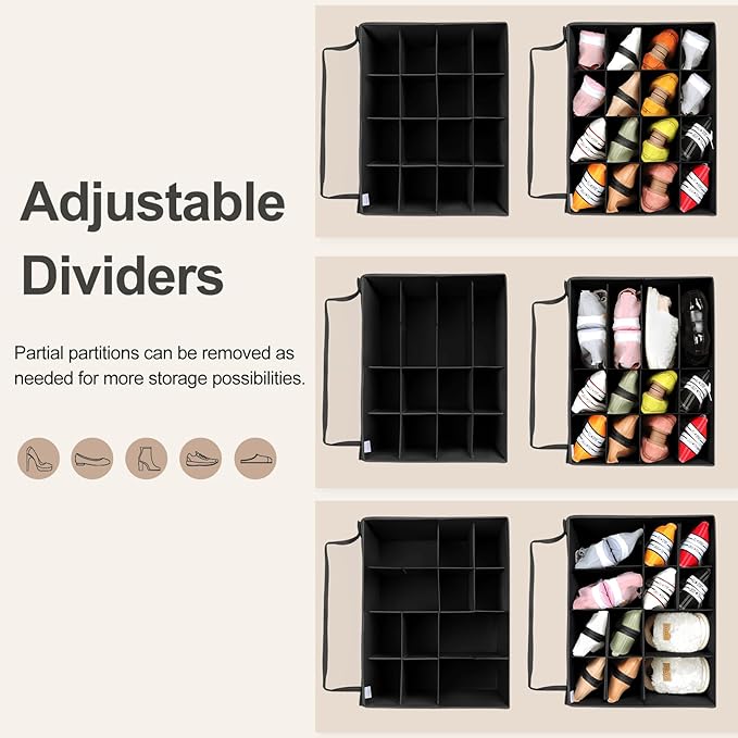 Shoe Organizer for Closet 2 Pack, Foldable Shoe Box with Adjustable Dividers and Clear Cover, Space Saving Shoe Storage Organizer Cabinet with Reinforced Handles, Fits 32 Pairs, Black TP12B