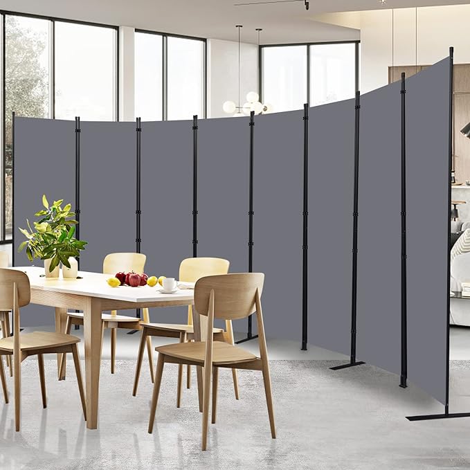 Room Divider Folding Privacy Screens with Wheels, 6FT Tall Divider for Room Separation, Movable Room Partitons and Dividers, Indoor Room Dividers Panel with Fabric (Grey, 8 Panel-176‘’-Flat Base)