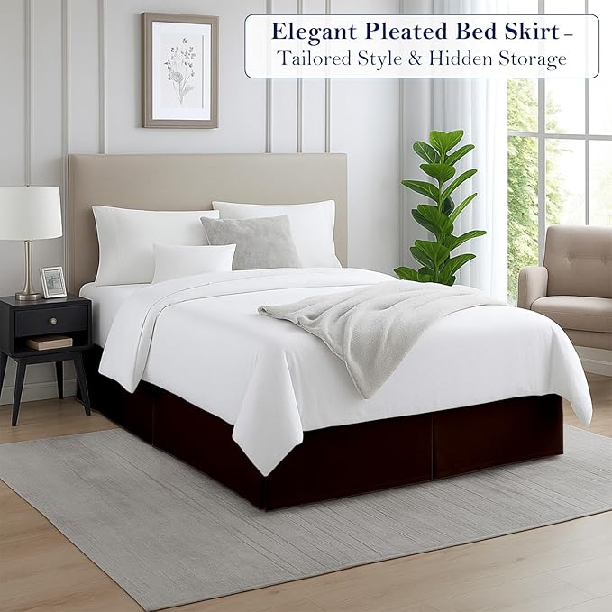Queen Bed Skirt, Luxury 15 Inch Drop Chocolate Pleated Bed Skirt, Double Brushed Microfiber, Box Pleat Design, Wrinkle & Fade Resistant, Easy Fit Tailored Bedskirt for Queen Size Beds