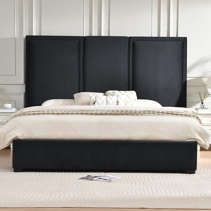YUHUASHI King Size Bed Frame with 64-inch High Headboard, Simple and Airy Linen Upholstered Platform Bed with Storage Drawers, Wood Slat, No Noise (Ink Blue, King)