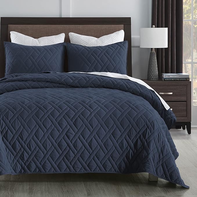HORIMOTE HOME Quilt Set Twin Size Navy Blue, Classic Geometric Diamond Stitched Pattern, Ultra Soft Microfiber Lightweight Bedding Set Bedspread Coverlet for All Season with 1 Quilt 1 Pillow Sham