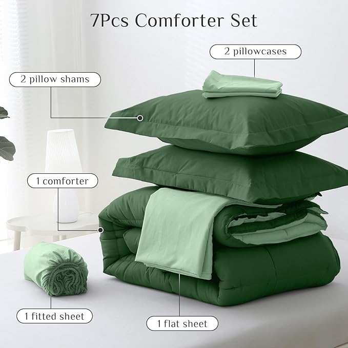 JOLLYVOGUE Full Comforter Set, Ultra-Soft Bed in a Bag Full Size 7 Pieces, Oeko-TEX Certified Bedding Set with Down Alternative Comforter, Sheets, Pillowcases & Shams, Dark Green & Light Green