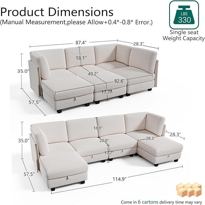 Modular Sectional Sofa with Adjustable Backrest, Convertible L/U-Shaped Sleeper Couch for Living Room, Cloud Sofa Bed Modern Reversible Design, White