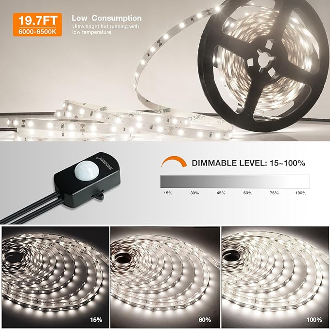Sensky 19.7ft/6m Motion Activated LED Strip Light Kit with FCC Listed Adapter for Gun Safe, Under Cabinet, Under Bed, Pantry, Kitchen, Stairway, Closet Lighting (Cool White,Upgraded Version)