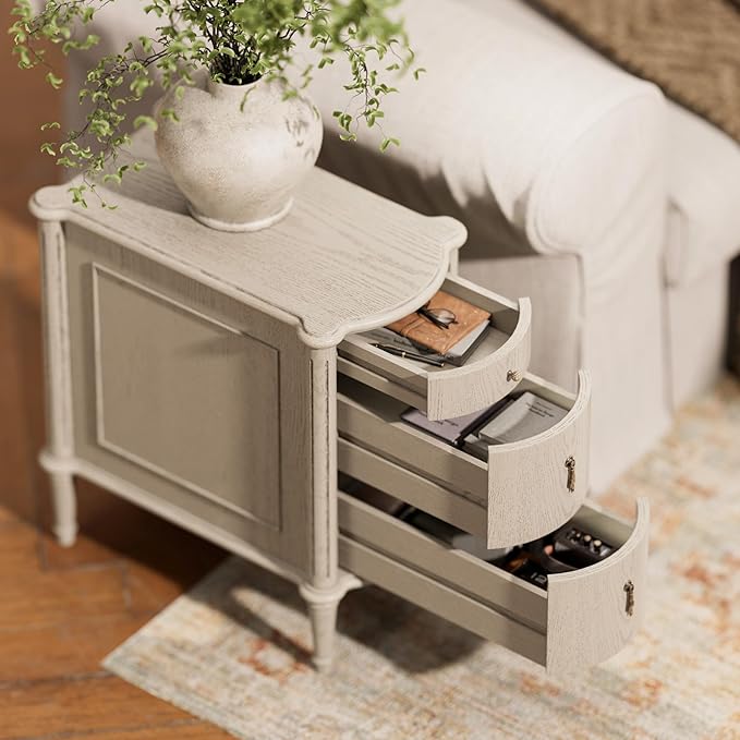 STO'SENSE Nightstand Set of 2 w/Charging Station & 3 Drawers, Pre-Assembled, Vintage Side Table w/Antique-Finished Pulls, Rustic Wood Finish, Narrow End Table w/Turned Legs for Bedroom, Antique Grey