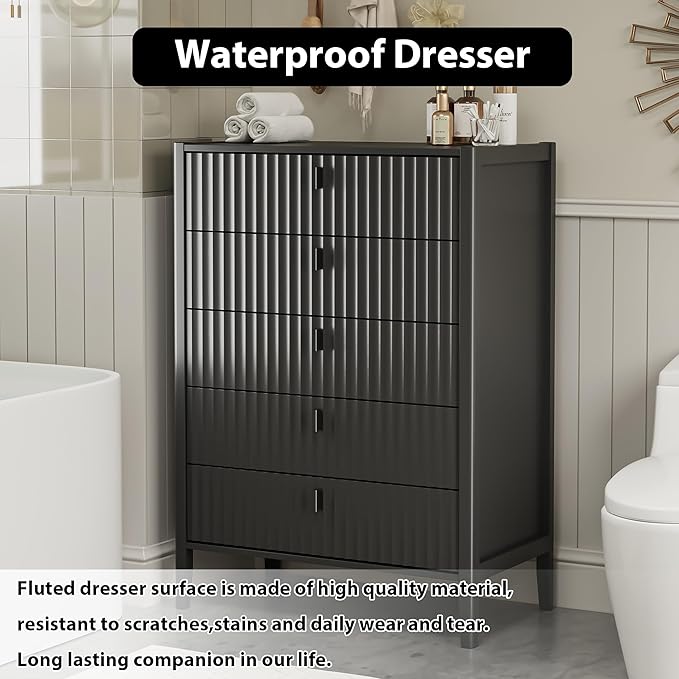 Black 5 Drawer Dresser, Modern Tall Dresser for Bedroom, Fluted Wood Chest of Drawers with Deep Drawers for Clothes, Storage Cabinet for Bedroom, Living Rooms, Offices, Entryways