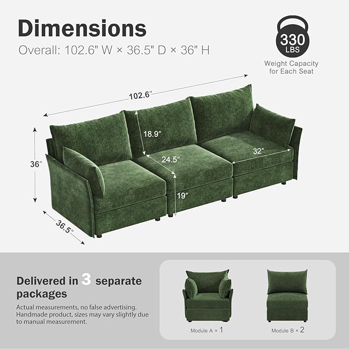 ABCASA 102.6" Modular Sectional Sofa, Oversized 3-Seater Green Couch with Removable Chenille Fabric Cover, Deep Seat & High Backrest for Living Room, Office & Apartment