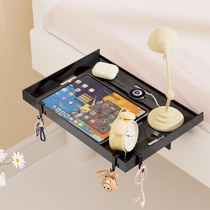 Foldable Bedside Shelf, Metal Clip-On Bed Tray Table for Bunk Bed & Dorm Beds, Dorm Room Essentials Organizer for College Students, Floating Tray, Space Saving Nightstand for Loft Beds (Black, Large)