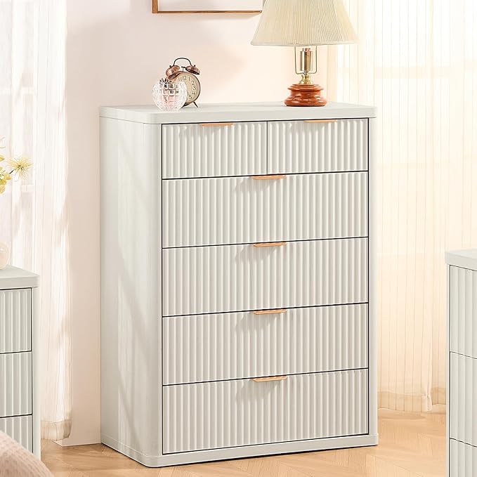 LEYAOYAO 42" Tall Fluted Dresser and 3 Drawers 23" Nightstand Set of 2,Wooden Dresser & Night Stand with Charging Station,3 Piece Bedroom Furniture Set,Chest of Drawer for Living Room,Antique White