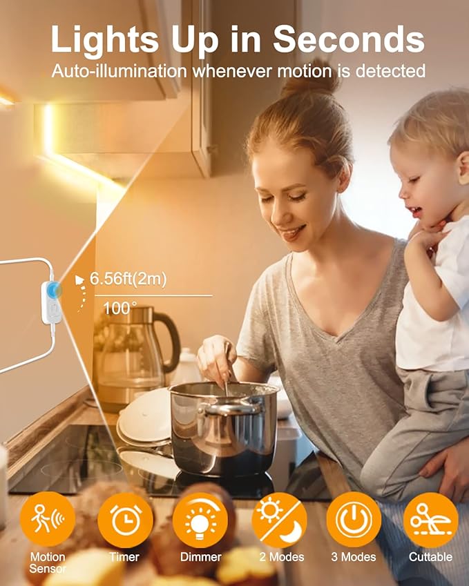Motion Sensor LED Strip Light - Cabinet Strip Lights with 24W Plug, Dimmer and Timing, 9.84ft 3000K WarmWhite