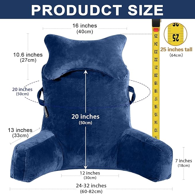 SLIGUY Reading Pillow-Bed Rest Pillow with Detachable Neck Roll & Higher Support Arm for Sitting in Bed Couch or Floor-Backrest Reading Pillow Adult Back Pillow for Reading/Watching TV/Gaming,Blue