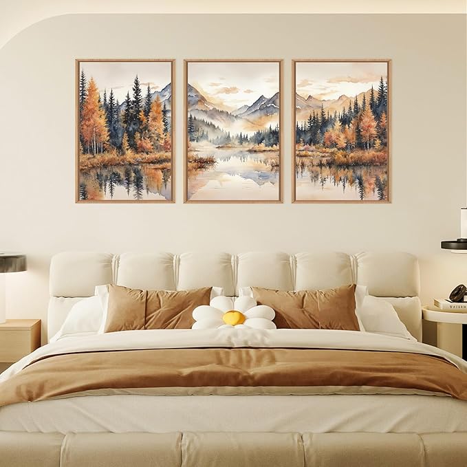 LHIUEM Large Neutral Mountain Framed Canvas Wall Art,Nature Foggy Forest Wall Decor,Watercolor Autumn Landscape Wall Painting,Woodland Artwork for Living Room,Bedroom,Dining Room,Office -16"x24"x3
