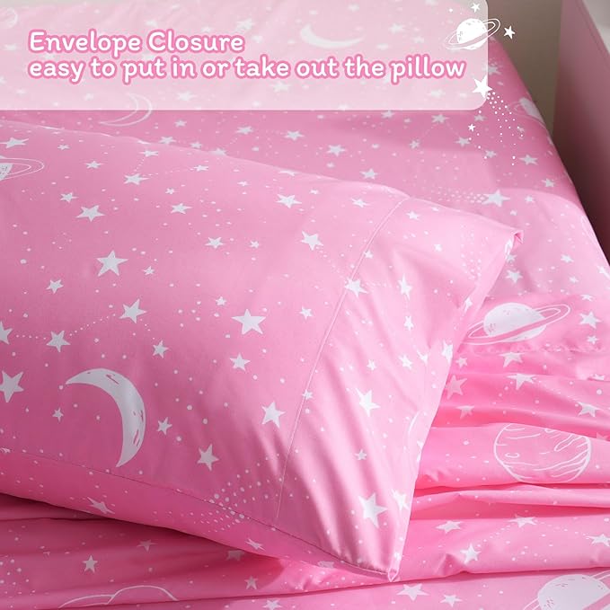 JSD Gradient Pink Moon Stars Kids Sheet Set Full Size, 4 Piece Space Theme Microfiber Sheets Deep Pocket