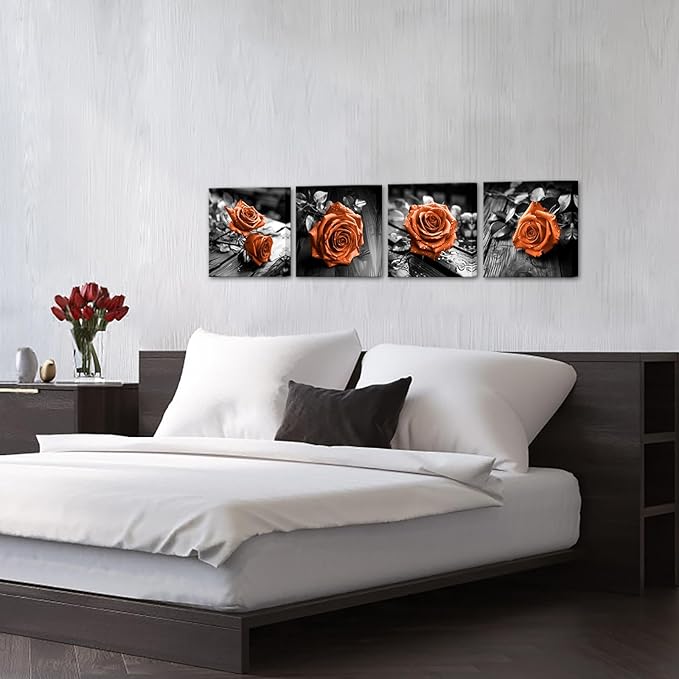 VANSEEING 4 Pieces Orange and Black Rose Flower Canvas Wall Art Floral Pictures Prints Modern Romantic Artwork Wall Decor for Valentine's Day Living Room Bedroom 12x12inchx4Pcs