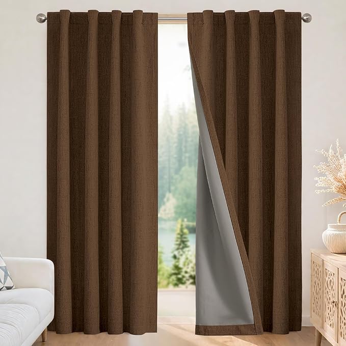 Joydeco Blackout Curtains for Bedroom - 120 Inch Long 100% Light Blocking 2 Panels Cappuccino Drapes, Thermal Insulated Room Darkening Curtains, Linen Textured for Living Room, Rod Pocket & Back Tabs