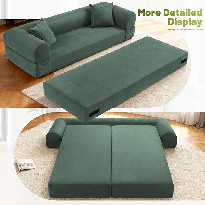 80" Convertible Sofa Bed,Corduroy Folding Sleeper Sofa Bed Queen with Pillows & Storage,Modular Pull Out Couches Boneless Couch for Living Room,Compressed Couch in a Box,Light Green
