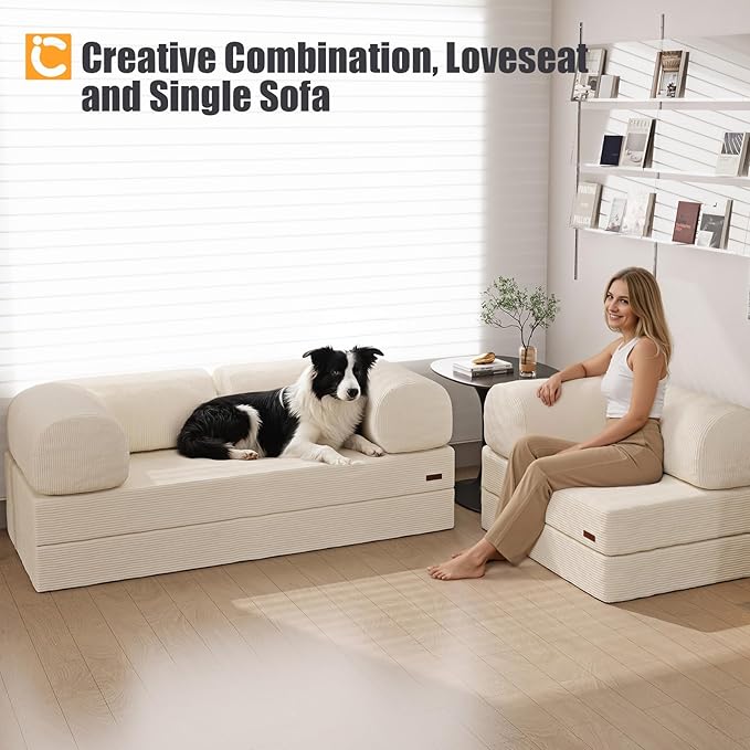 COMAX Folding Sofa Bed, Fold Out Chair, Foldable Sofa, Convertible Sleeper Chair for Adults, Futon Single Small Floor Couch for Spaces, Bedroom Living Room Guest Room, Beige