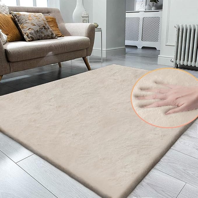 Beige Plush Faux Washable Rabbit Fur Area Rugs for Bedroom Shag Carpet for Living Room 4x6 Rectangle Nursery Rug