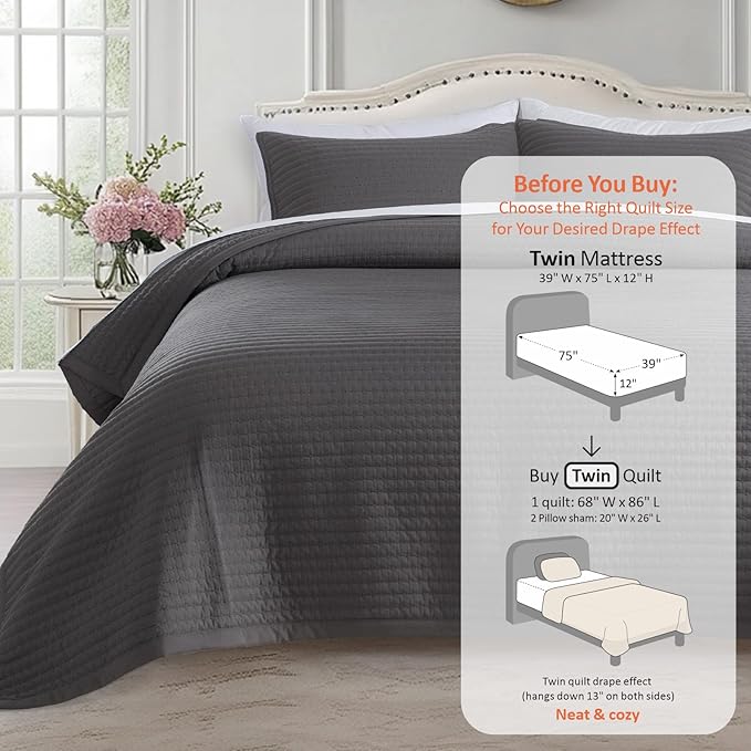 KASENTEX Twin Quilt Set 68"x86" – Soft Washed 3-Layer Lightweight Bedspread, Minimalist Nordic Design, All-Season Spring & Summer Quilt Set (1 Quilt + 2 Pillow Shams),Tornado Dark Grey