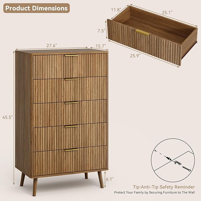 CARPETNAL Fluted 5 Drawers Dresser for Bedroom, 45" Tall Wooden Chest of Drawers with Rounded Corners, Gold Handles, Modern Storage Organizer for Bedroom, Hallway (Walnut)