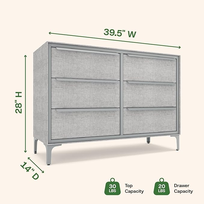 Naima Premium Fabric Dresser - Strong Metal Frame, 6 Spacious Sag-Proof Drawers with Sleek Metal Handles - Premium & Durable Storage Solution for Your Home (Silver)
