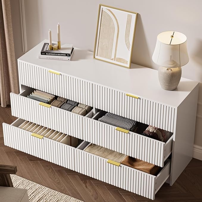 3-Piece Dresser Bedroom Set, 6 Drawer Dresser & 2 Drawer Nightstands with Gold Handles, Fluted Wood Chest of Drawers for Bedroom, Living Room, Entryway, White