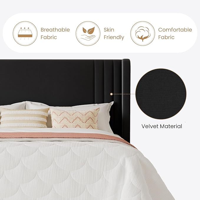 SHA CERLIN King Size Velvet Upholstered Platform Bed Frame with Vertical Channel Tufted Wingback Headboard, Wooden Slats Support, Easy Assembly, Under Bed Storage, No Box Spring Required, Black