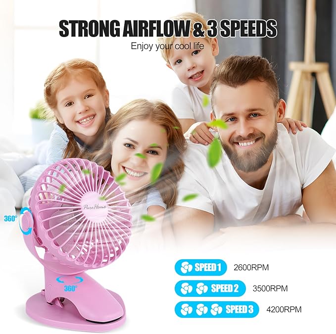 PureHome Portable Clip Fan Battery Operated,3 Speeds USB Rechargeable Mini Table Fan with Strong Airflow,360°Rotation Ultra Quiet Personal Desk Fan for Home Office Bedroom Dorm Stroller Camping- Pink
