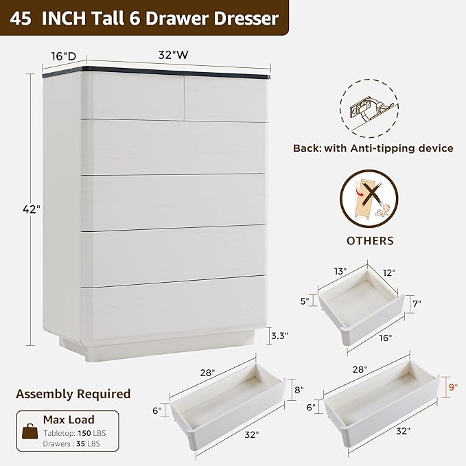 ACCOHOHO 6 Drawer Dresser for Bedroom, 42 Inch Tall Modern Chest of Drawers, Push-to-Open Wood Storgae Organizer with Large Drawers for Bedroom, Living Room, Hallway,Off White